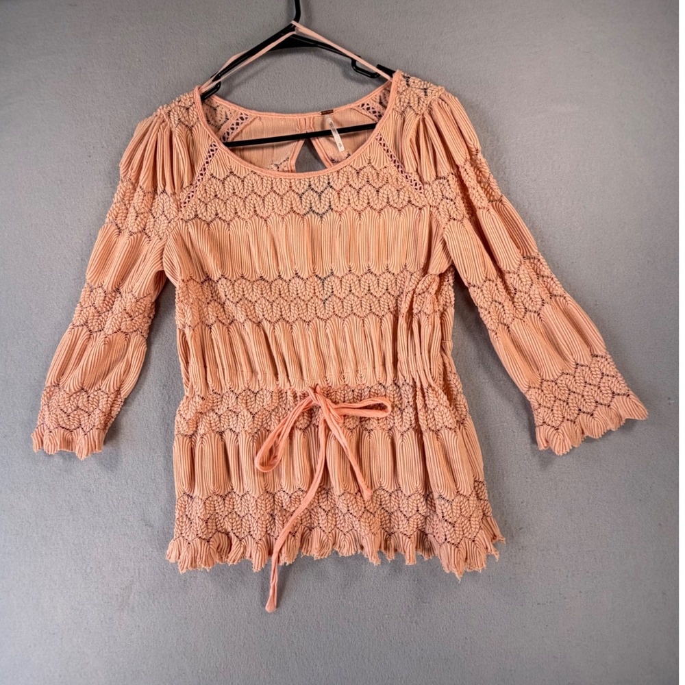 Free People Womens S Peach Crochet Fringe Boho Peasant Tie Waist Bell Sleeve Top